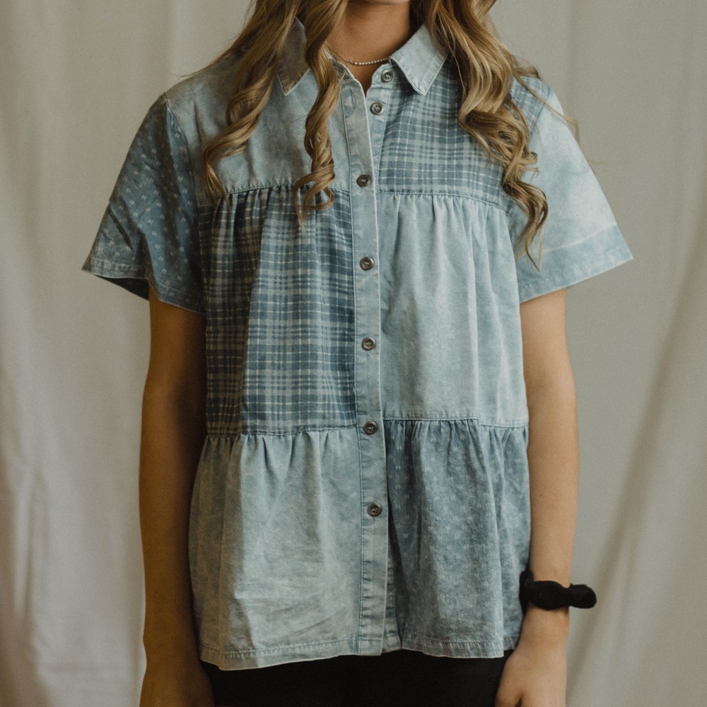 Jean Button Down Patched Blouse